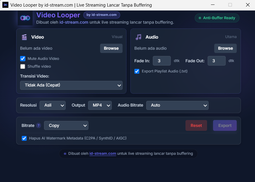 Tampilan Antarmuka Aplikasi Video Looper by id-stream.com